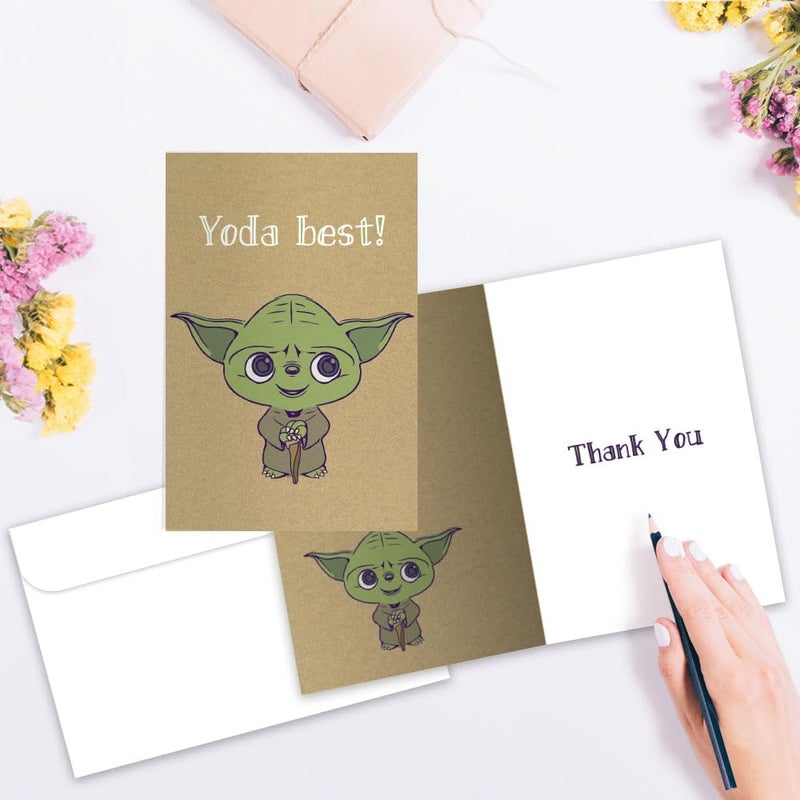 Tree-Free Greetings Yoda Best Thank You Cards - 12 Recycled 4x6 Cards & White Envelopes, Thick Cardstock, Sustainably Made in USA - Sci-Fi Cartoon Thanks - Image 2